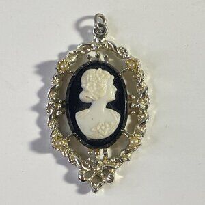Victorian Revival Baroque Black Glass Cameo Goddess Mourning Pendant
